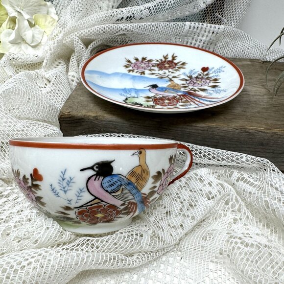 Hand-Painted Vintage Porcelain Tea Cup & Saucer Set With Bird & Floral Design - Picture 9 of 9